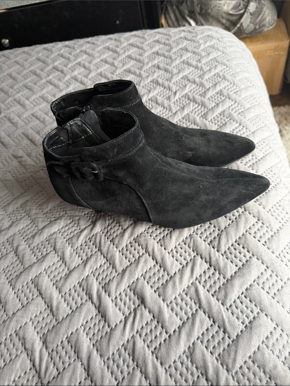 Bella Vita Black Suede Pointed Ankle Booties with Buckle Detail